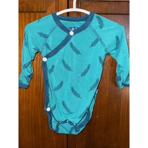 KicKee Pants Teal Feather Print Bamboo Kimono Bodysuit 0-3 Months Long Sleeve